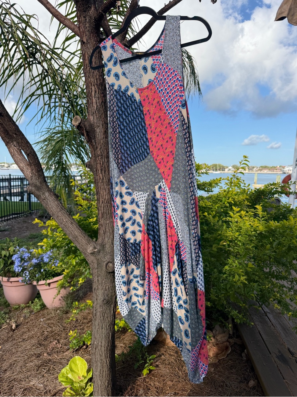 Sleeveless Patchwork Midi Dress in Blue, Coral & Cream